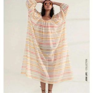 Zara Yellow Stripe Tie Dye Elastic Cuff Sleeve Oversized Tunic Maxi Dress